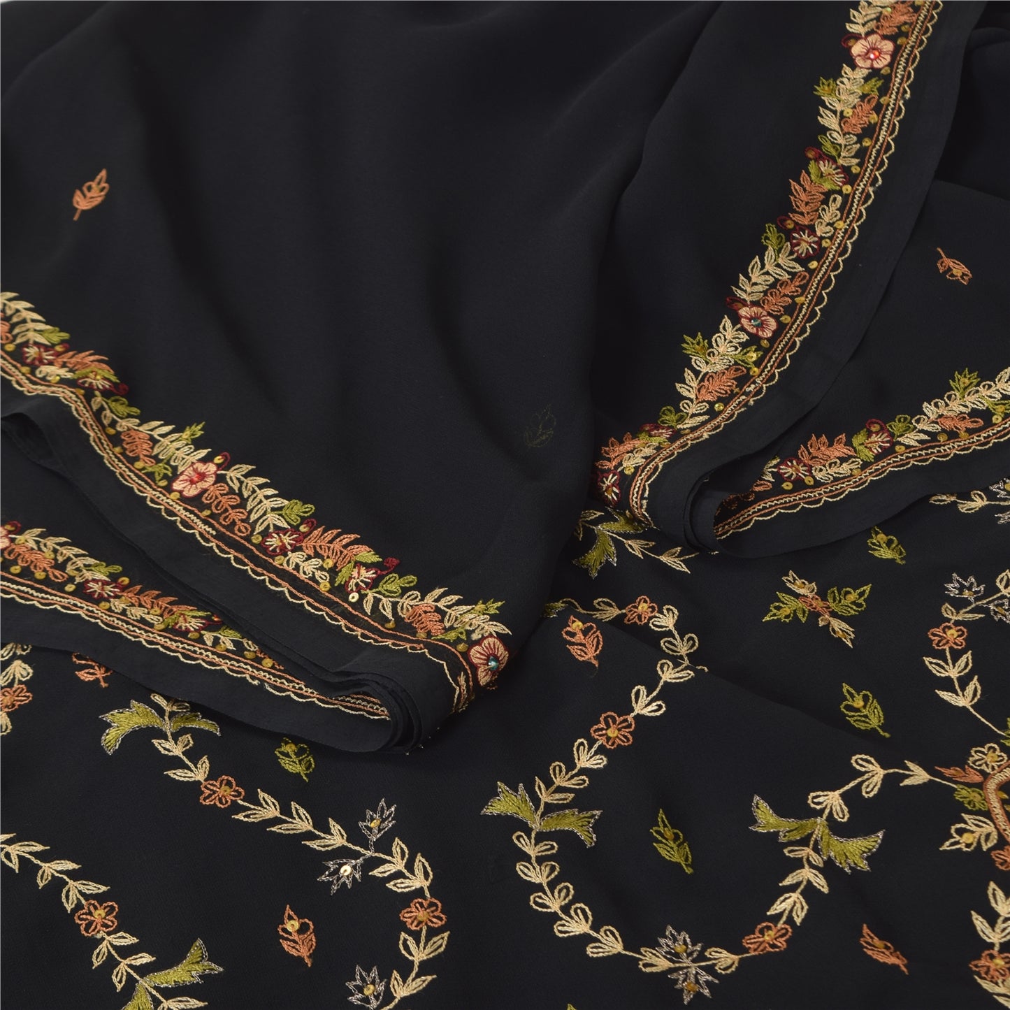 Sanskriti Vintage Black Sarees Georgette Hand Embroidered Sari 6yd Craft Sustainable Fabric