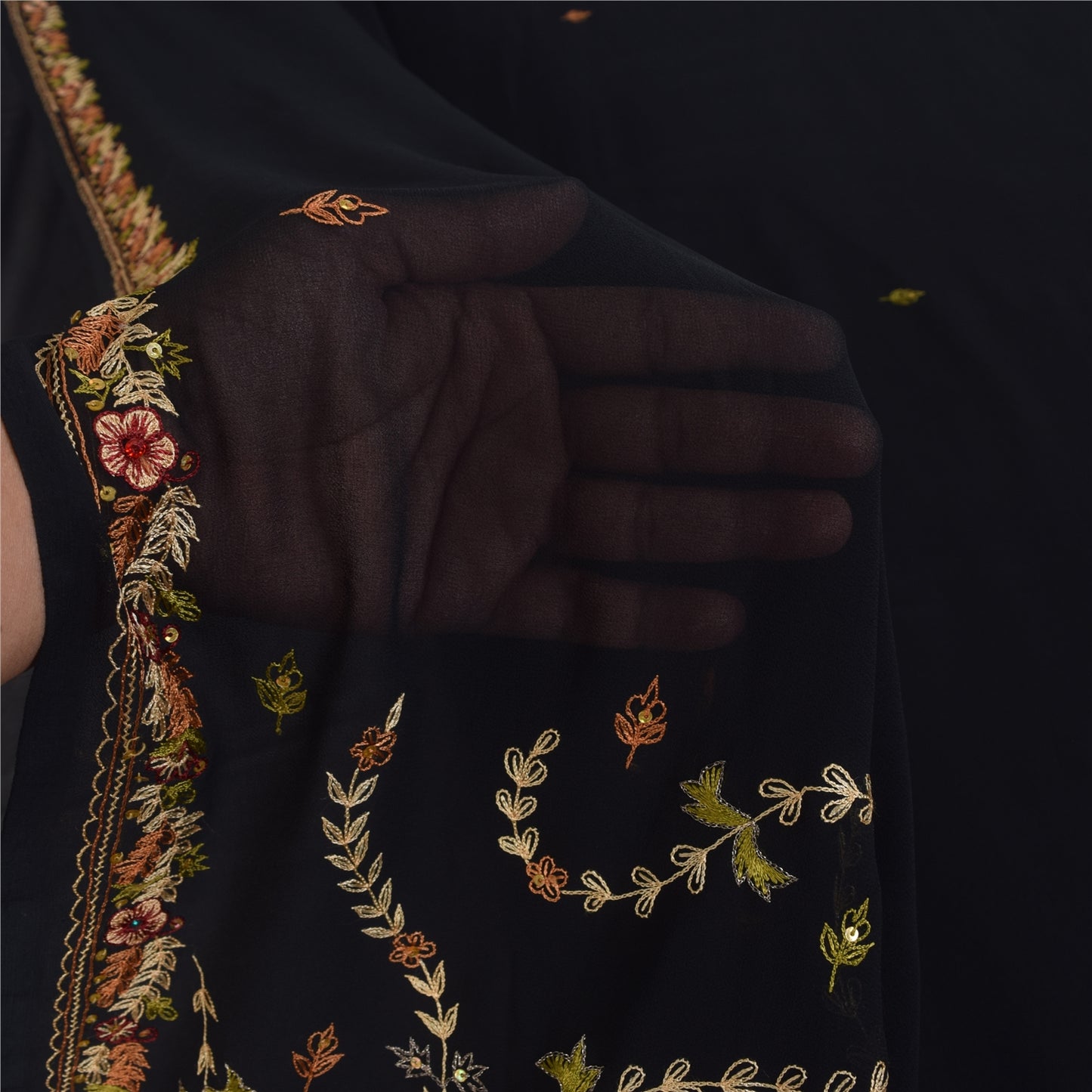 Sanskriti Vintage Black Sarees Georgette Hand Embroidered Sari 6yd Craft Sustainable Fabric