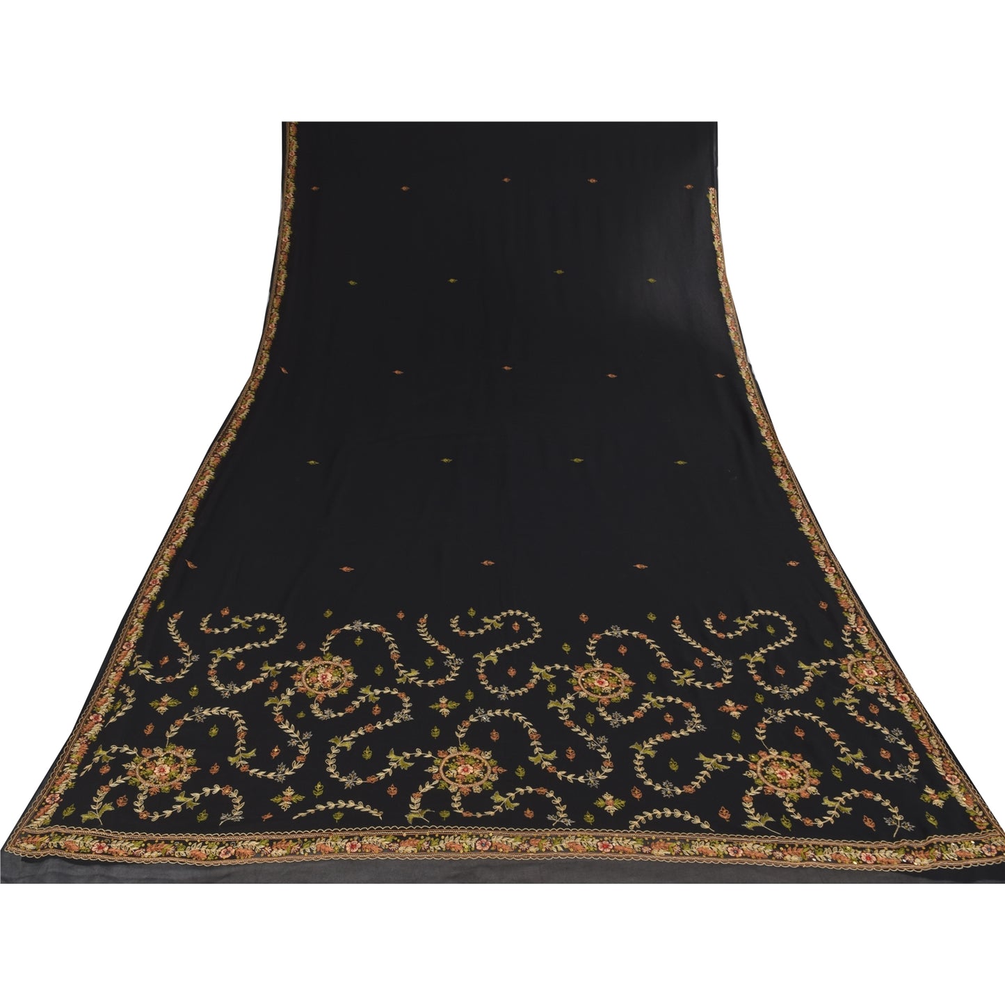 Sanskriti Vintage Black Sarees Georgette Hand Embroidered Sari 6yd Craft Sustainable Fabric