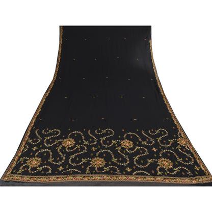 Sanskriti Vintage Black Sarees Georgette Hand Embroidered Sari 6yd Craft Sustainable Fabric