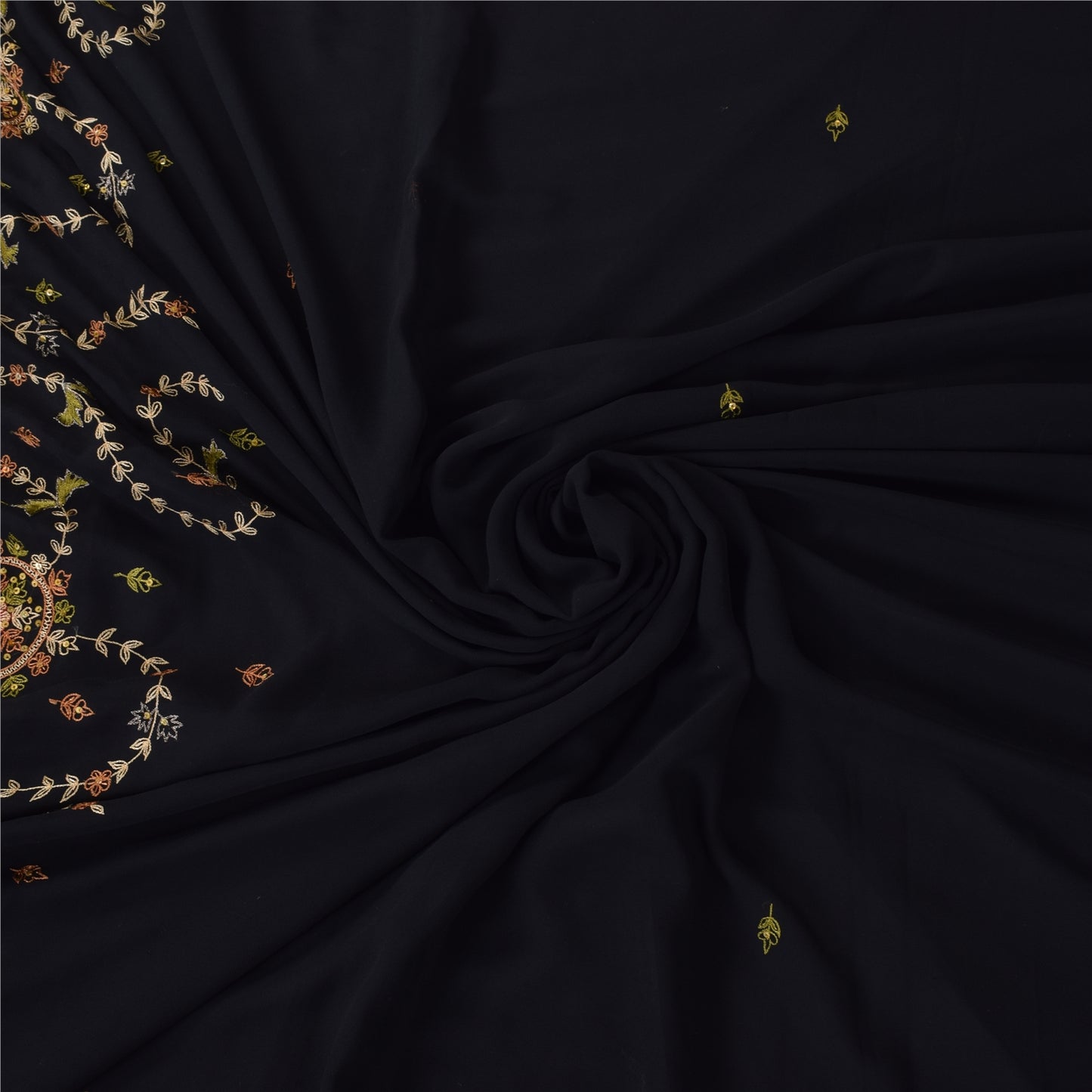 Sanskriti Vintage Black Sarees Georgette Hand Embroidered Sari 6yd Craft Sustainable Fabric