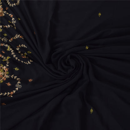 Sanskriti Vintage Black Sarees Georgette Hand Embroidered Sari 6yd Craft Sustainable Fabric