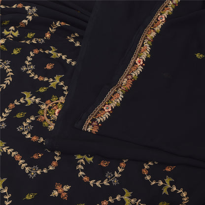 Sanskriti Vintage Black Sarees Georgette Hand Embroidered Sari 6yd Craft Sustainable Fabric