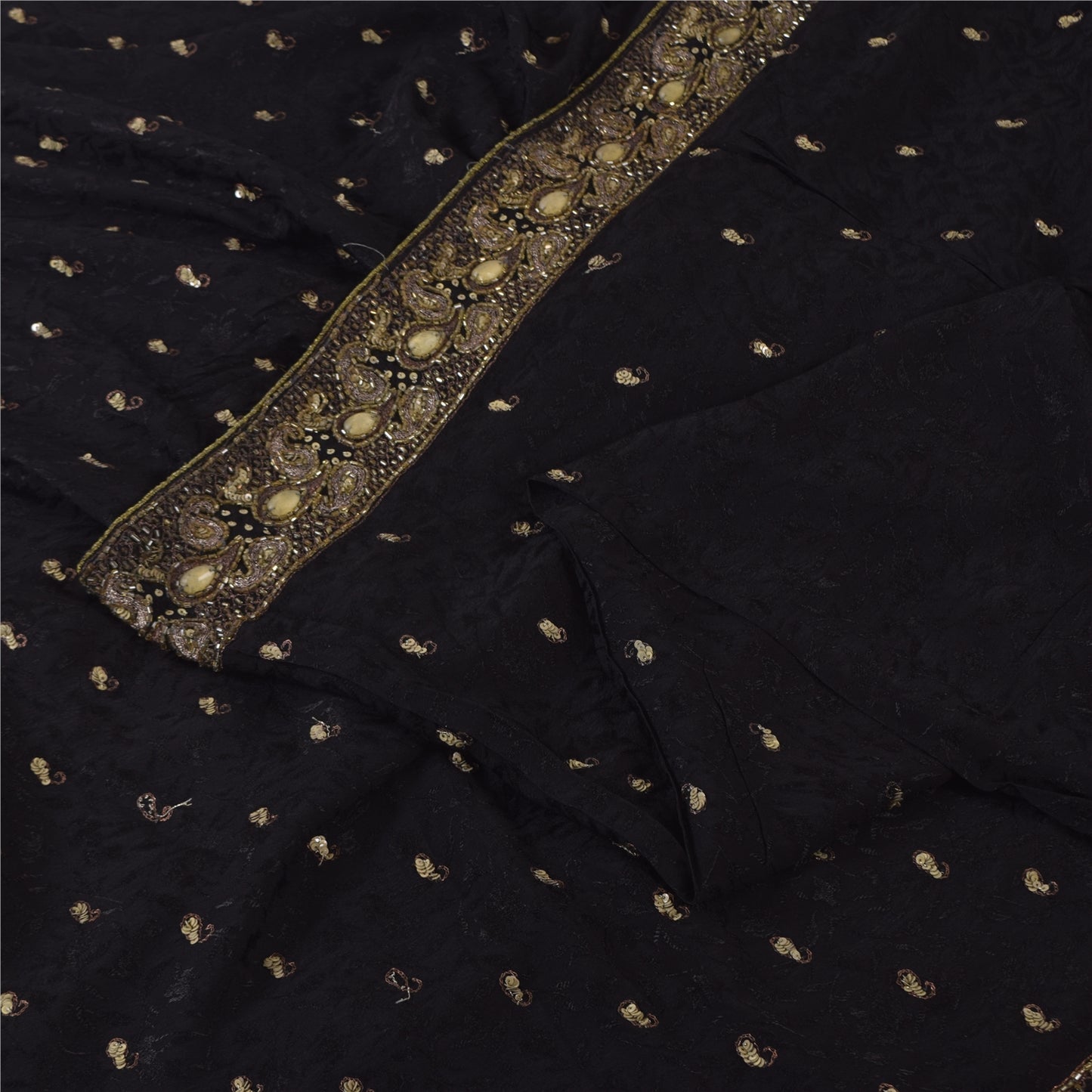 Sanskriti Vintage Black Sarees Pure Georgette Hand Beaded Sari 6yd Craft Sustainable Fabric