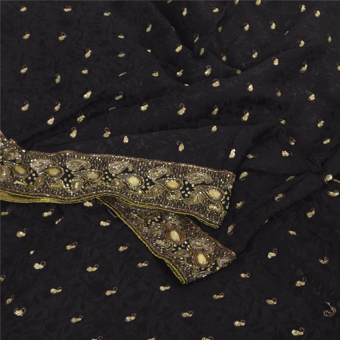 Sanskriti Vintage Black Sarees Pure Georgette Hand Beaded Sari 6yd Craft Sustainable Fabric