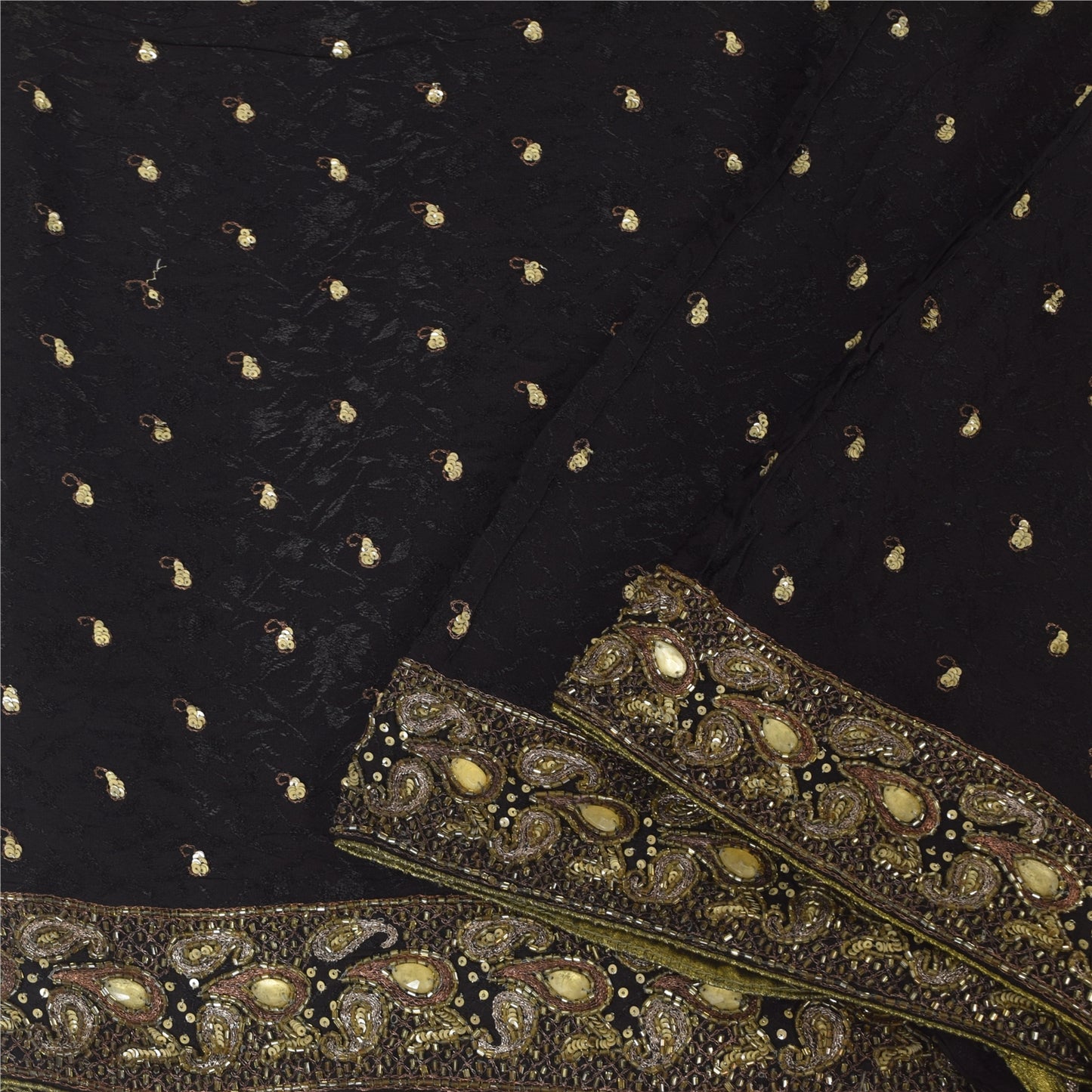 Sanskriti Vintage Black Sarees Pure Georgette Hand Beaded Sari 6yd Craft Sustainable Fabric