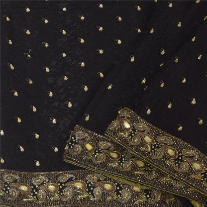 Sanskriti Vintage Black Sarees Pure Georgette Hand Beaded Sari 6yd Craft Sustainable Fabric