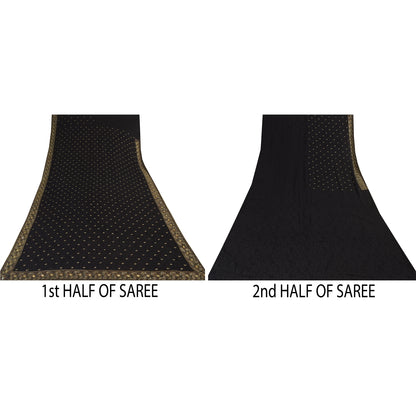 Sanskriti Vintage Black Sarees Pure Georgette Hand Beaded Sari 6yd Craft Sustainable Fabric