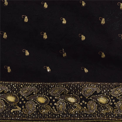 Sanskriti Vintage Black Sarees Pure Georgette Hand Beaded Sari 6yd Craft Sustainable Fabric