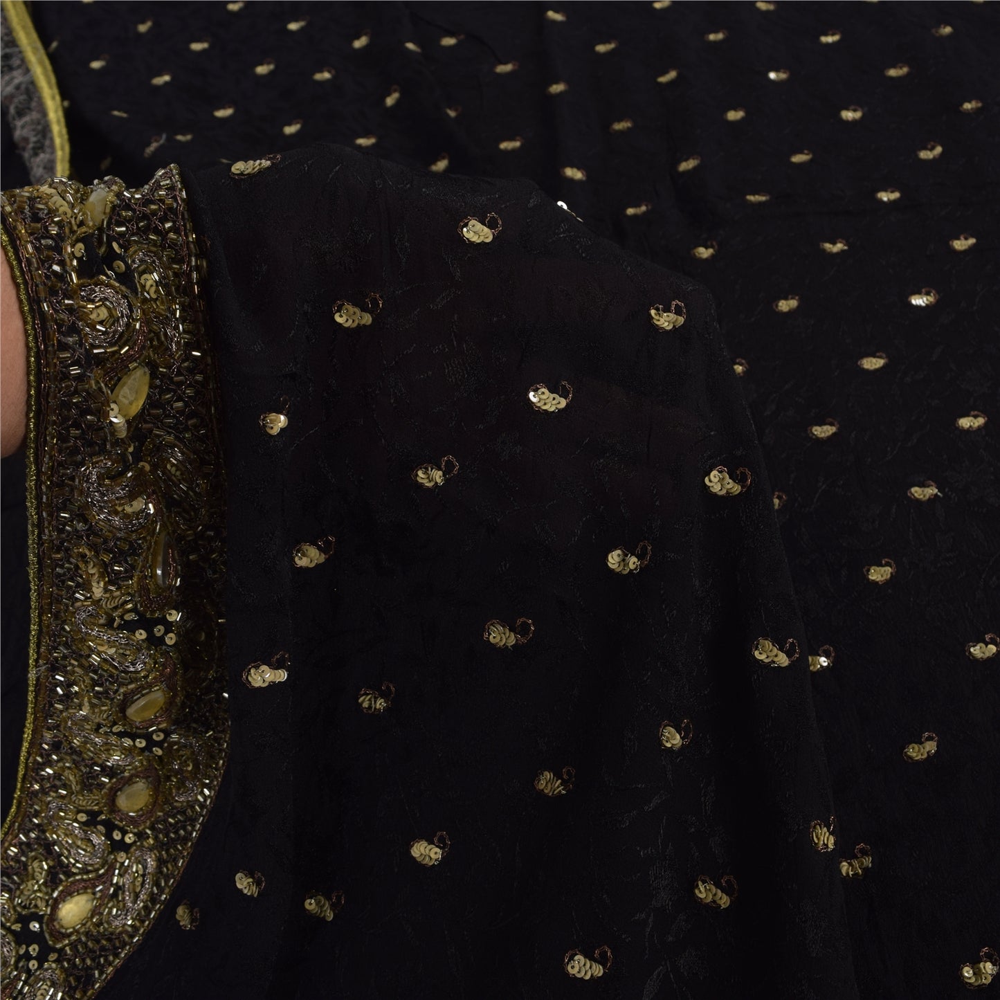 Sanskriti Vintage Black Sarees Pure Georgette Hand Beaded Sari 6yd Craft Sustainable Fabric