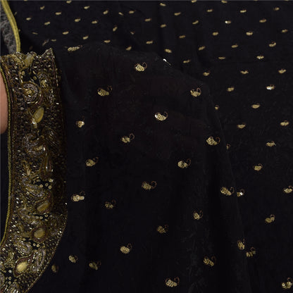 Sanskriti Vintage Black Sarees Pure Georgette Hand Beaded Sari 6yd Craft Sustainable Fabric