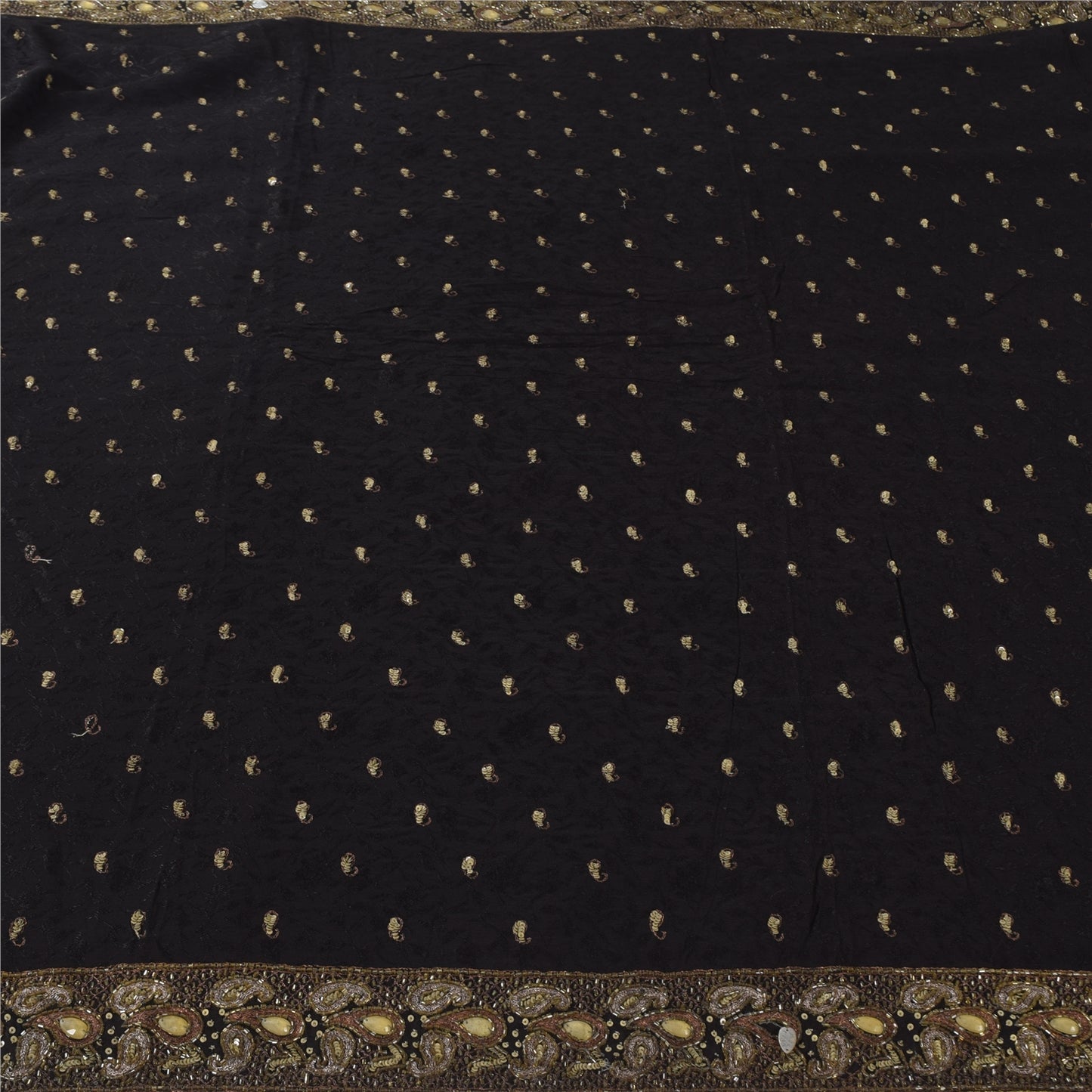 Sanskriti Vintage Black Sarees Pure Georgette Hand Beaded Sari 6yd Craft Sustainable Fabric
