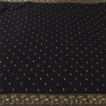 Sanskriti Vintage Black Sarees Pure Georgette Hand Beaded Sari 6yd Craft Sustainable Fabric
