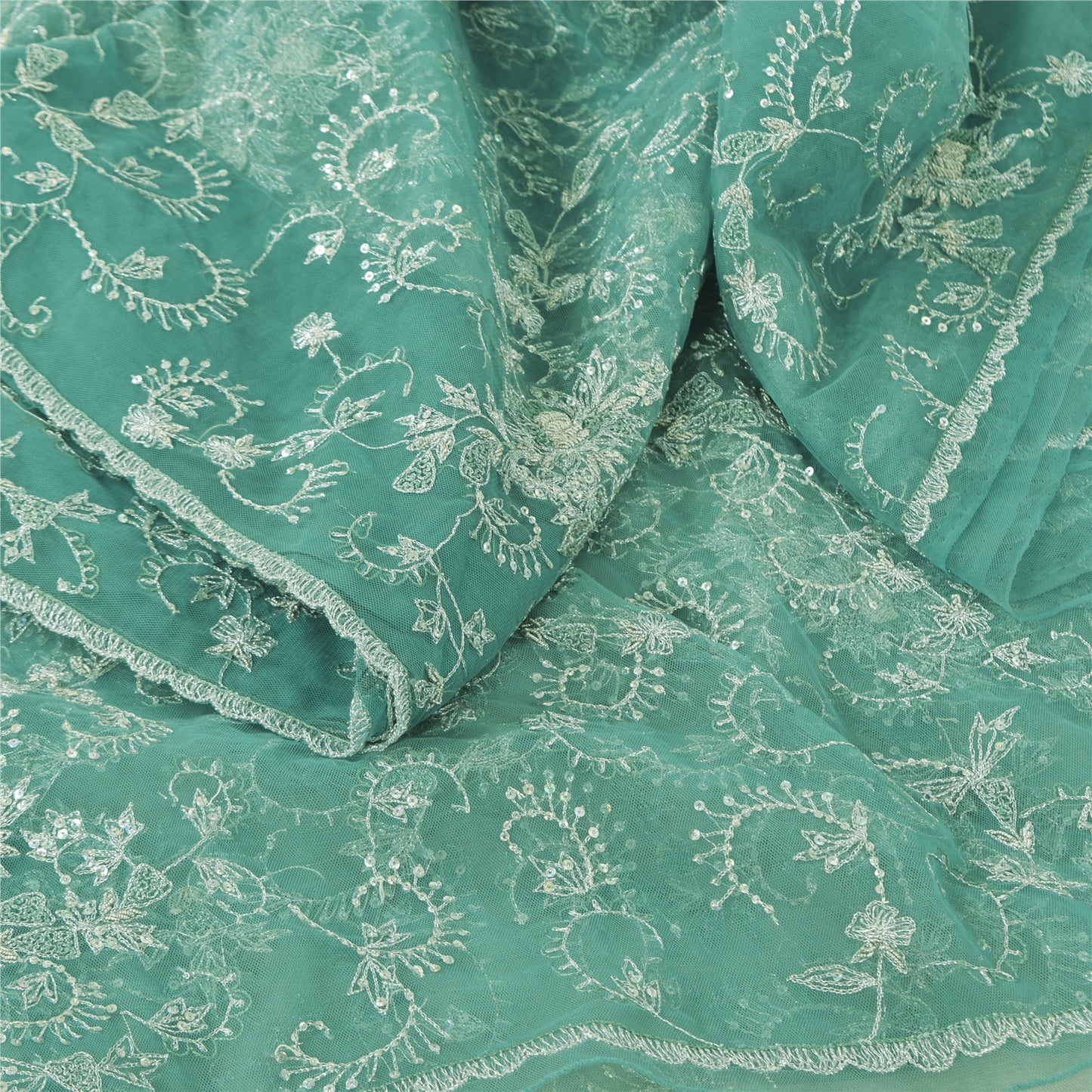 Sanskriti Vintage Mint Green Sarees Mint Green Hand Beaded Sari 5yd Craft Sustainable Fabric