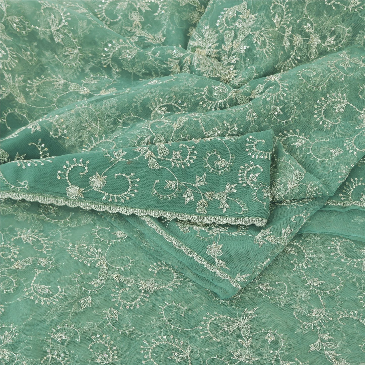 Sanskriti Vintage Mint Green Sarees Mint Green Hand Beaded Sari 5yd Craft Sustainable Fabric