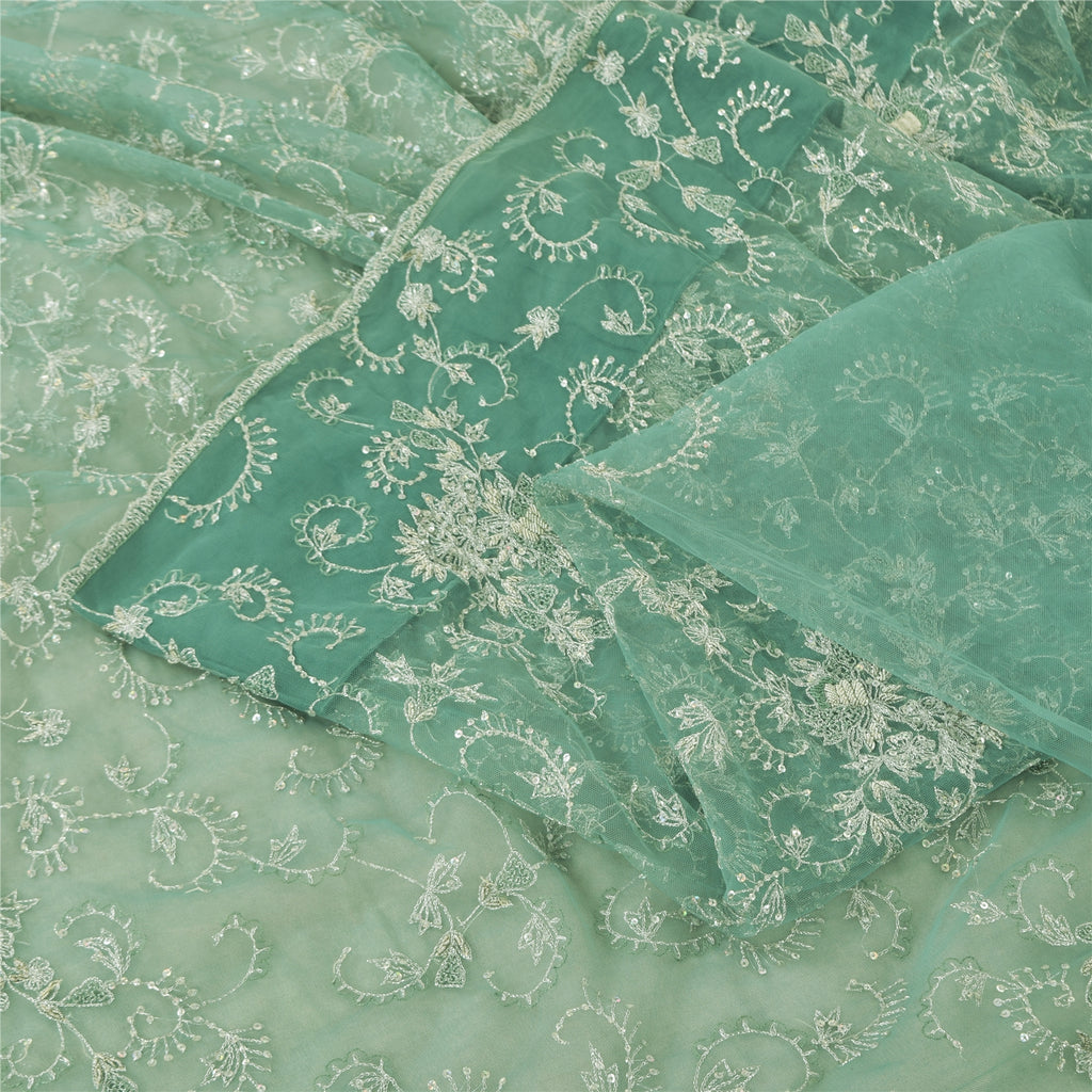 Sanskriti Vintage Mint Green Sarees Mint Green Hand Beaded Sari 5yd Craft Sustainable Fabric