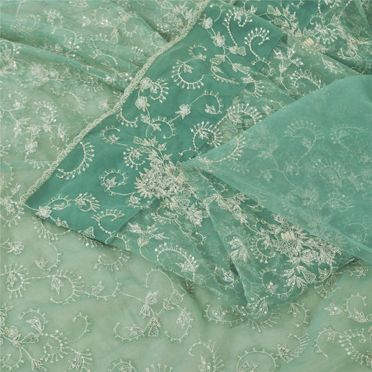 Sanskriti Vintage Mint Green Sarees Mint Green Hand Beaded Sari 5yd Craft Sustainable Fabric