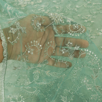 Sanskriti Vintage Mint Green Sarees Mint Green Hand Beaded Sari 5yd Craft Sustainable Fabric