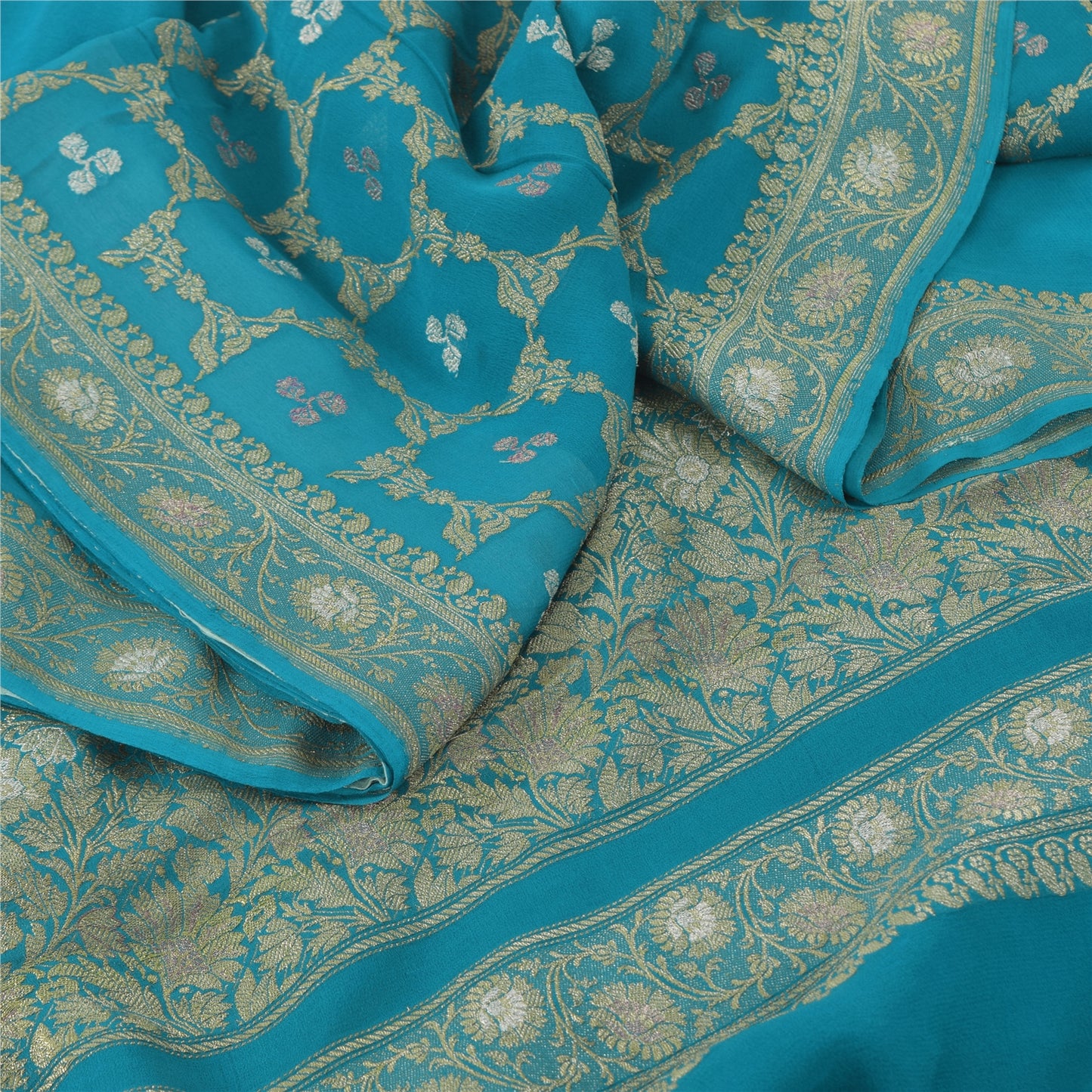 Sanskriti Vintage Light Blue Sarees Pure Georgette woven Premium Sustainable Fabric 6yd Sari