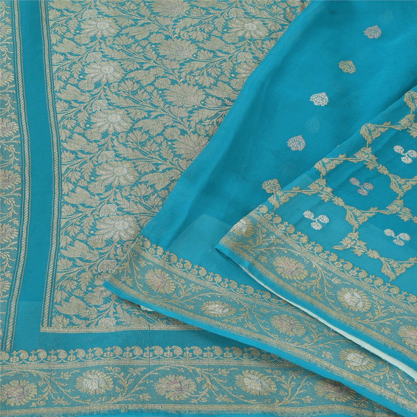 Sanskriti Vintage Light Blue Sarees Pure Georgette woven Premium Sustainable Fabric 6yd Sari