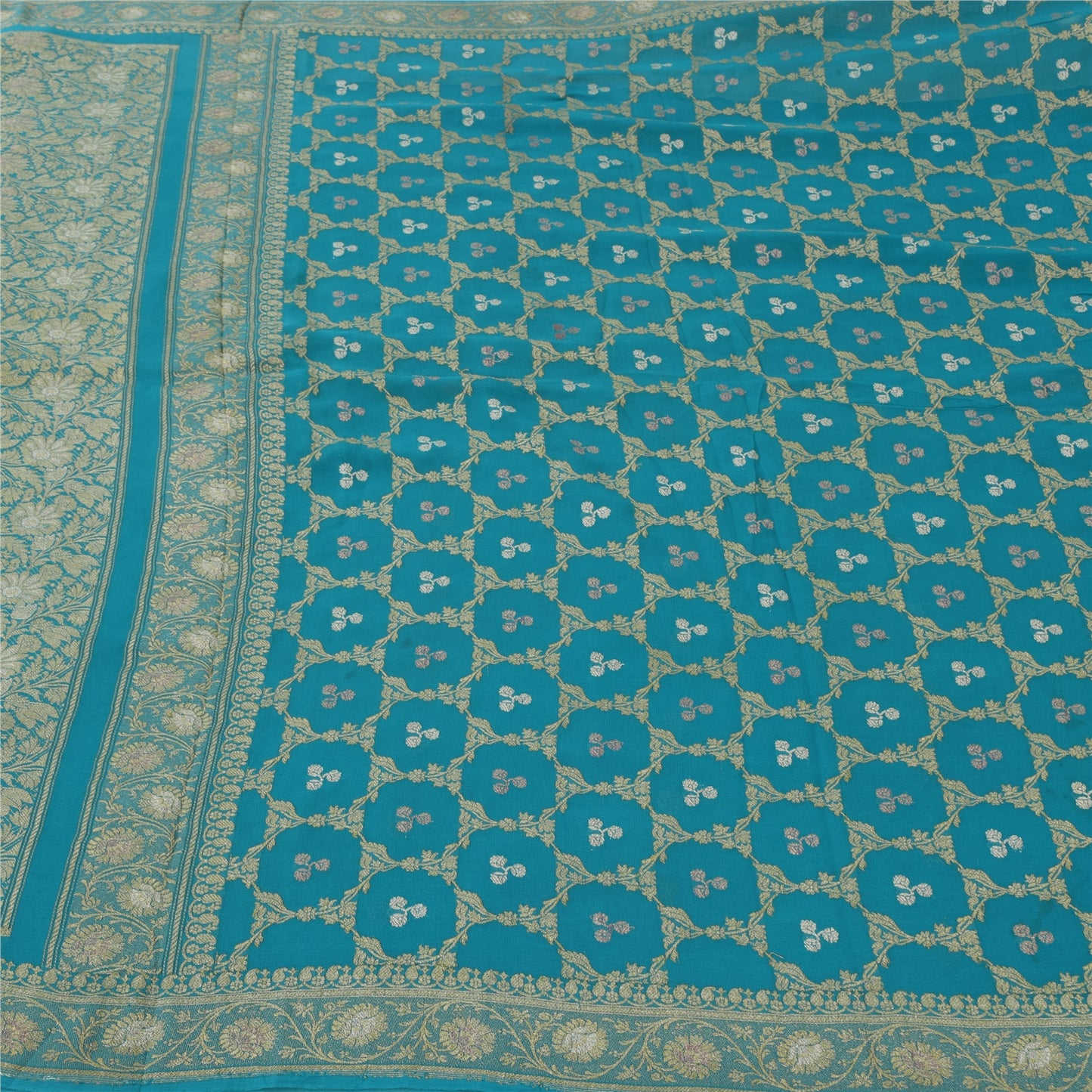 Sanskriti Vintage Light Blue Sarees Pure Georgette woven Premium Sustainable Fabric 6yd Sari