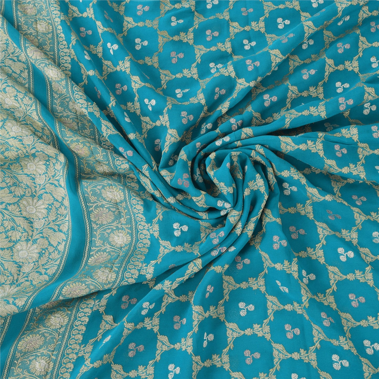 Sanskriti Vintage Light Blue Sarees Pure Georgette woven Premium Sustainable Fabric 6yd Sari