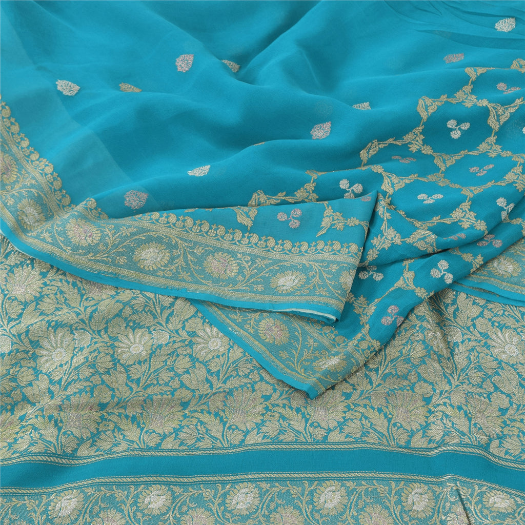 Sanskriti Vintage Light Blue Sarees Pure Georgette woven Premium Sustainable Fabric 6yd Sari