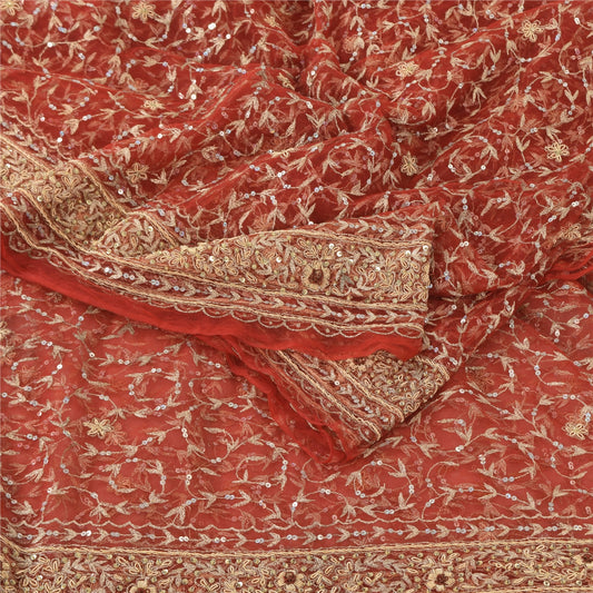 Sanskriti Vintage Red Sarees Net Mesh Hand Beaded Premium Sari 6yd Craft Sustainable Fabric