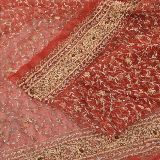 Sanskriti Vintage Red Sarees Net Mesh Hand Beaded Premium Sari 6yd Craft Sustainable Fabric