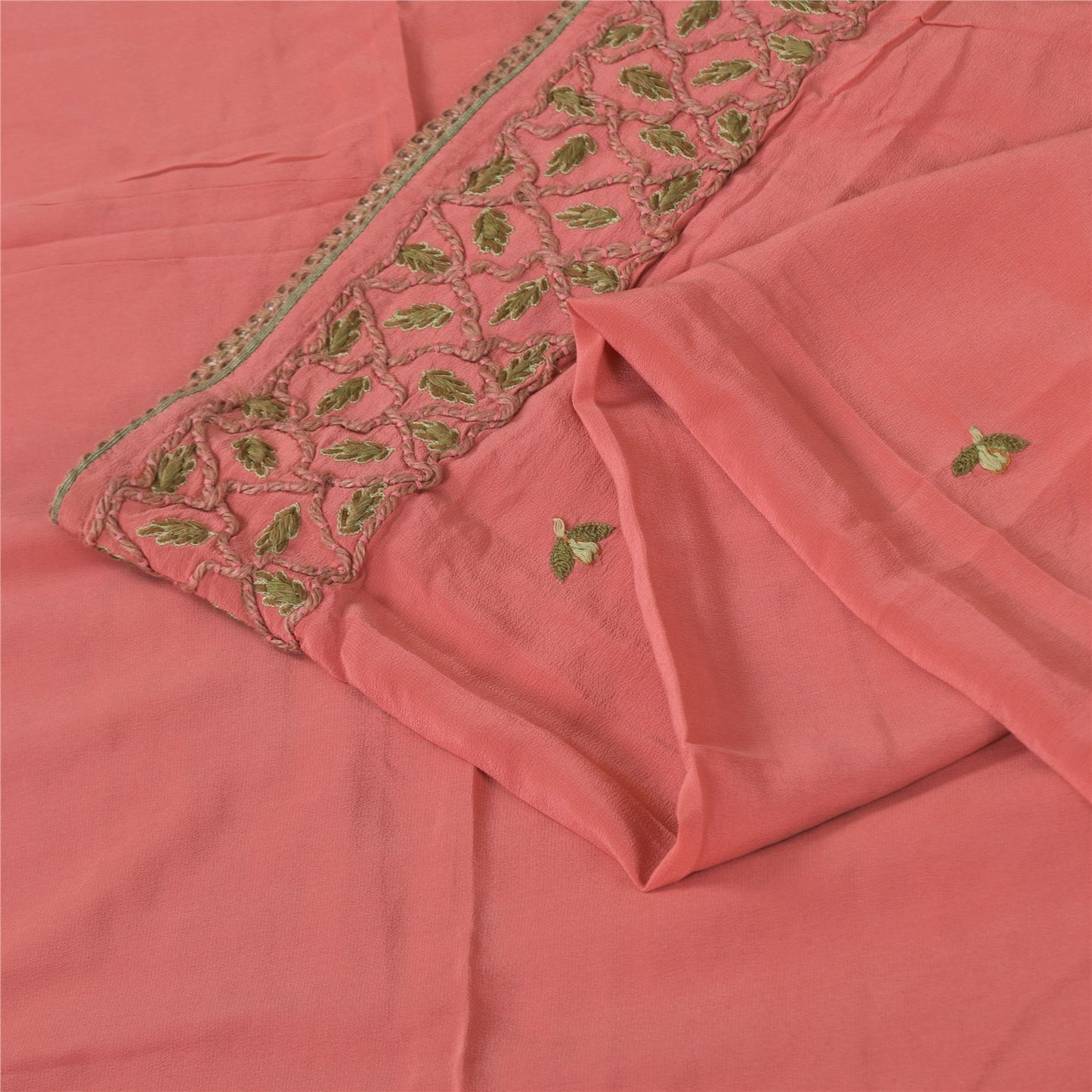 Sanskriti Vintage Peach Sarees Pure Crepe Hand Embroidered Sari 6yd Craft Fabric