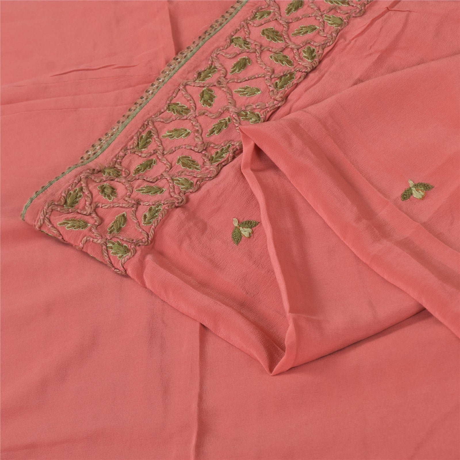 Sanskriti Vintage Peach Sarees Pure Crepe Hand Embroidered Sari 6yd Craft Fabric