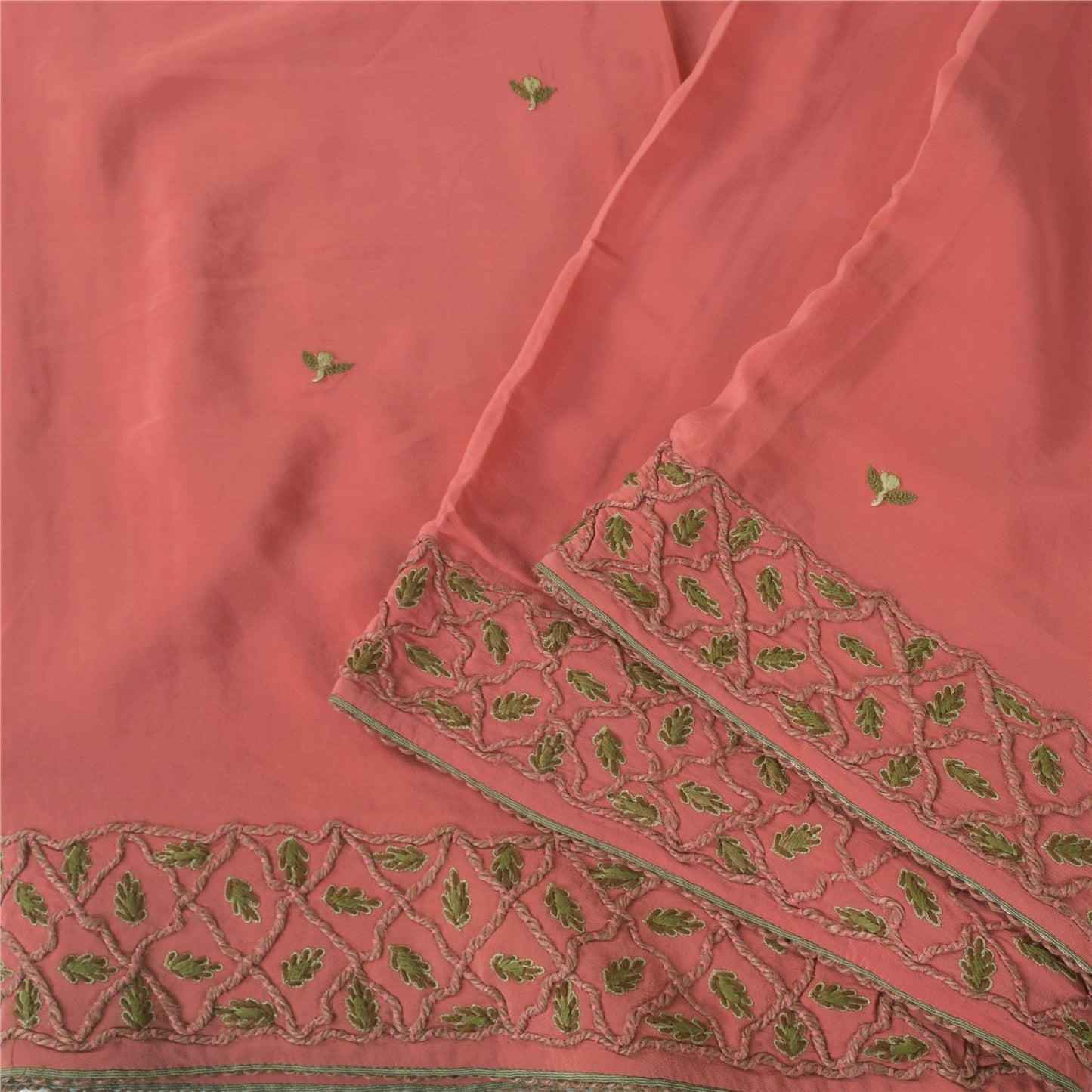 Sanskriti Vintage Peach Sarees Pure Crepe Hand Embroidered Sari 6yd Craft Fabric