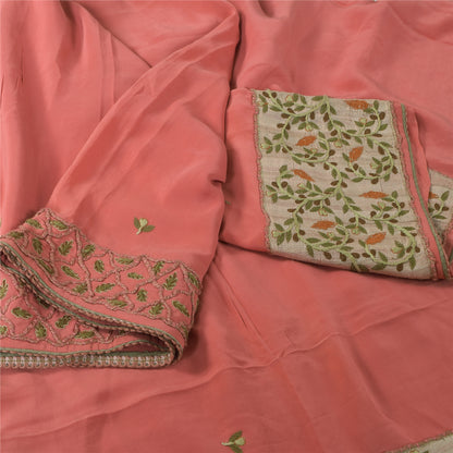 Sanskriti Vintage Peach Sarees Pure Crepe Hand Embroidered Sari 6yd Craft Fabric