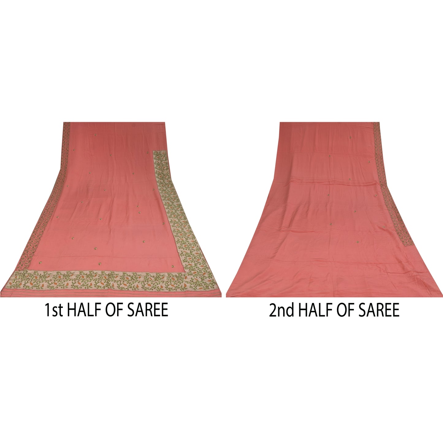 Sanskriti Vintage Peach Sarees Pure Crepe Hand Embroidered Sari 6yd Craft Fabric