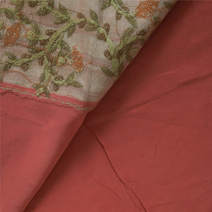 Sanskriti Vintage Peach Sarees Pure Crepe Hand Embroidered Sari 6yd Craft Fabric