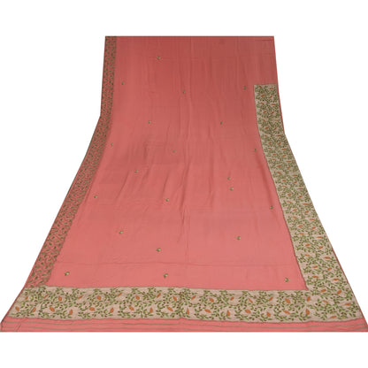 Sanskriti Vintage Peach Sarees Pure Crepe Hand Embroidered Sari 6yd Craft Fabric