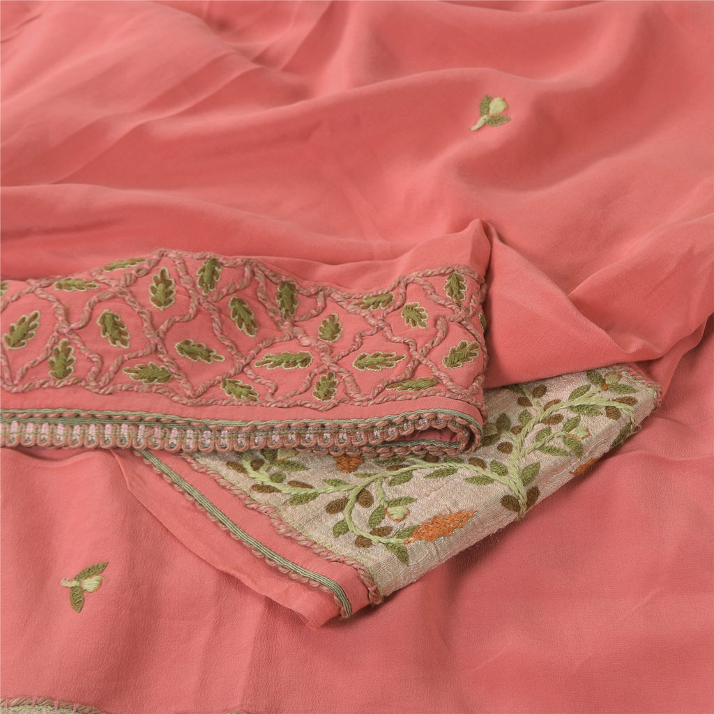 Sanskriti Vintage Peach Sarees Pure Crepe Hand Embroidered Sari 6yd Craft Fabric