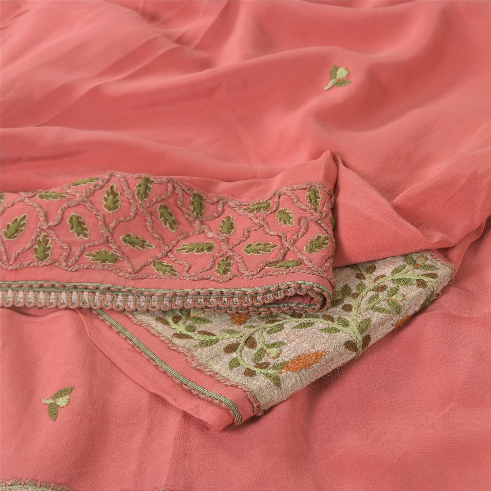 Sanskriti Vintage Peach Sarees Pure Crepe Hand Embroidered Sari 6yd Craft Fabric