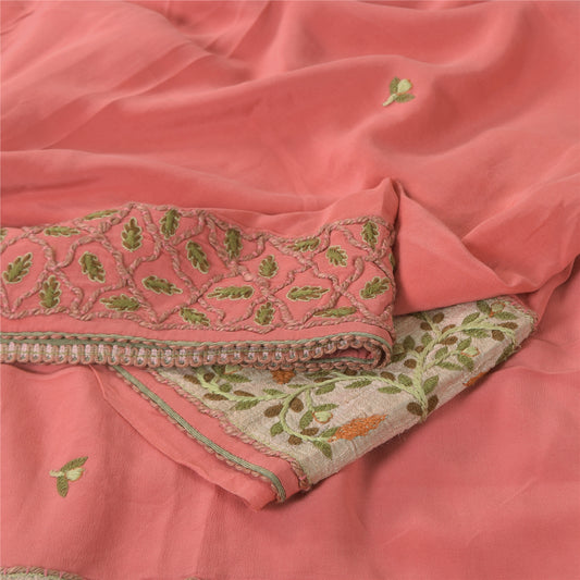 Sanskriti Vintage Peach Sarees Pure Crepe Hand Embroidered Sari 6yd Craft Fabric