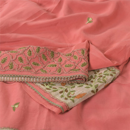 Sanskriti Vintage Peach Sarees Pure Crepe Hand Embroidered Sari 6yd Craft Fabric