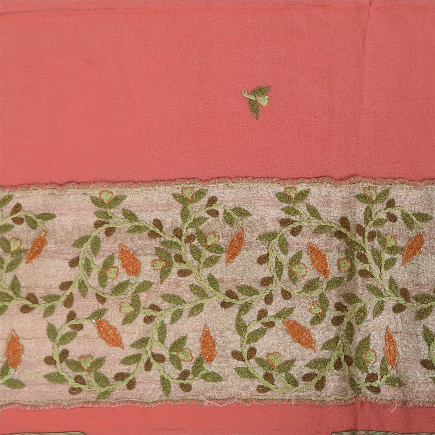 Sanskriti Vintage Peach Sarees Pure Crepe Hand Embroidered Sari 6yd Craft Fabric