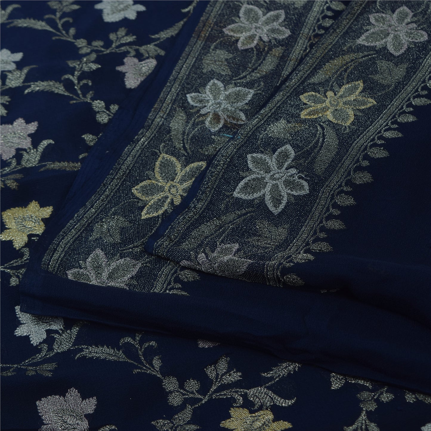 Sanskriti Vintage Saree Blue 100% Pure Georgette Silk Woven 6Yd Craft Fabric Crafting, Upcycling, Recycling, Dress Making,Home Decor,