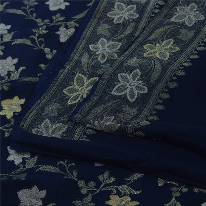 Sanskriti Vintage Saree Blue 100% Pure Georgette Silk Woven 6Yd Craft Fabric Crafting, Upcycling, Recycling, Dress Making,Home Decor,