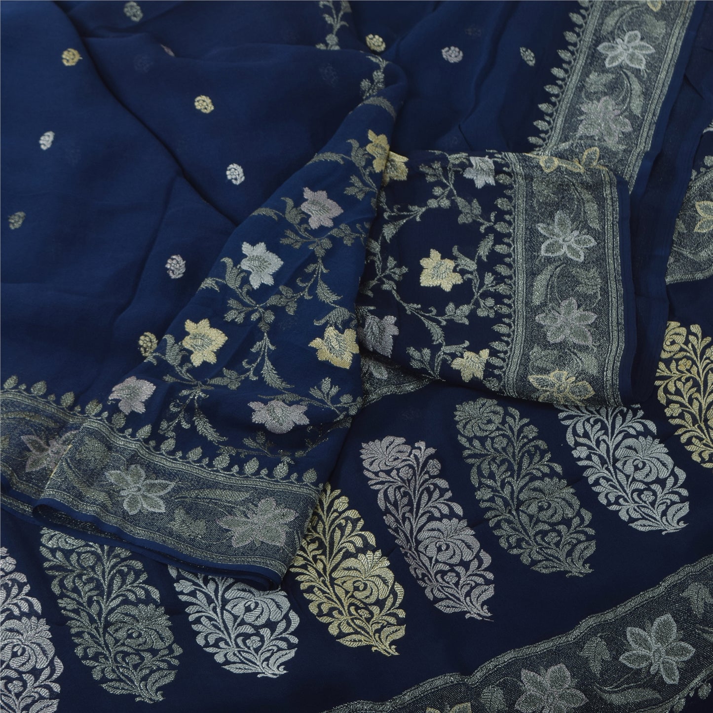 Sanskriti Vintage Saree Blue 100% Pure Georgette Silk Woven 6Yd Craft Fabric Crafting, Upcycling, Recycling, Dress Making,Home Decor,
