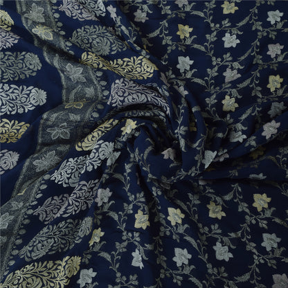 Sanskriti Vintage Saree Blue 100% Pure Georgette Silk Woven 6Yd Craft Fabric Crafting, Upcycling, Recycling, Dress Making,Home Decor,