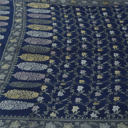Sanskriti Vintage Saree Blue 100% Pure Georgette Silk Woven 6Yd Craft Fabric Crafting, Upcycling, Recycling, Dress Making,Home Decor,