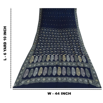 Sanskriti Vintage Saree Blue 100% Pure Georgette Silk Woven 6Yd Craft Fabric Crafting, Upcycling, Recycling, Dress Making,Home Decor,