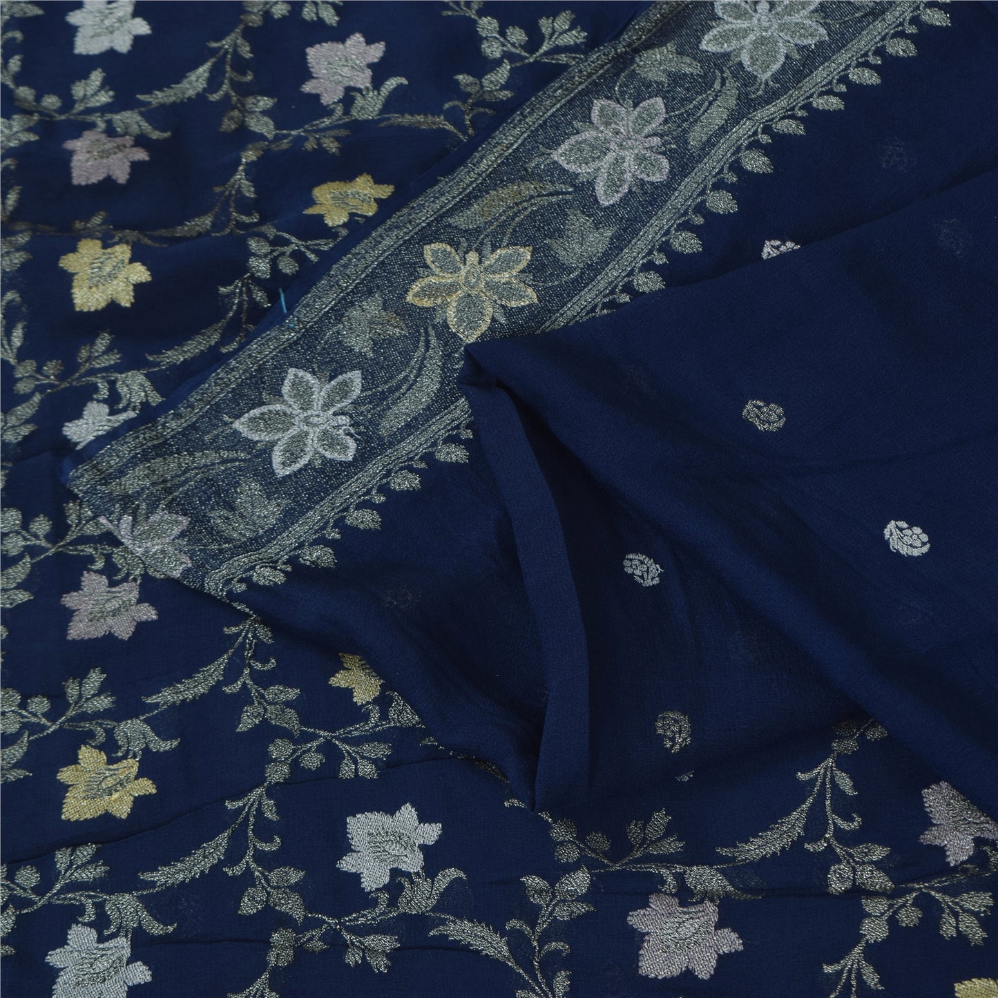 Sanskriti Vintage Saree Blue 100% Pure Georgette Silk Woven 6Yd Craft Fabric Crafting, Upcycling, Recycling, Dress Making,Home Decor,