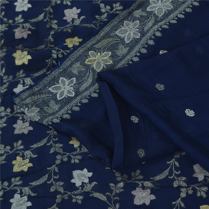 Sanskriti Vintage Saree Blue 100% Pure Georgette Silk Woven 6Yd Craft Fabric Crafting, Upcycling, Recycling, Dress Making,Home Decor,