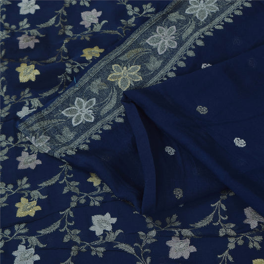Sanskriti Vintage Saree Blue 100% Pure Georgette Silk Woven 6Yd Craft Fabric Crafting, Upcycling, Recycling, Dress Making,Home Decor,